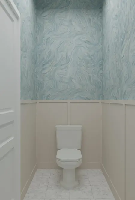 Toaleta z niebieską ścianą, białym WC, styl art deco, minimaluxe, quiet luxury.