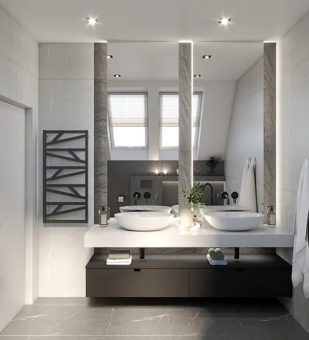 Nowoczesna łazienka z minimalistycznym designem, dwiema umywalkami i szarymi płytkami.