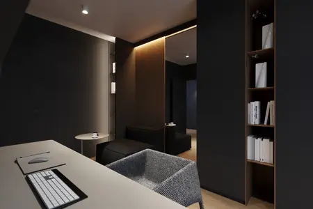 Eklektyczny gabinet z minimalistycznym wykończeniem, industrialnymi akcentami.