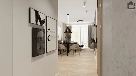 Wnętrze jadalni w stylu industrialnym i minimalistycznym z okrągłym stołem
