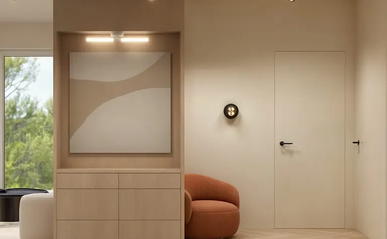 Nowoczesne wnętrze z meblami w stylu japandi, jasne kolory, eleganckie akcenty.