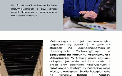 Wnętrze biura z niebieską sofą, białymi ścianami, roślinami i stylami art deco, vintage, eklektycznym.