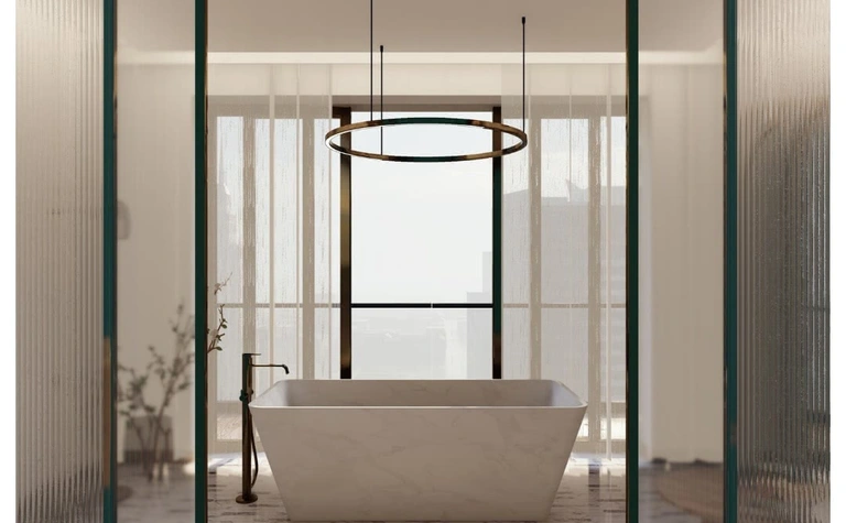 Wnętrze łazienki z wanną, oknami i stylami glamour, nowoczesnym, quiet luxury.