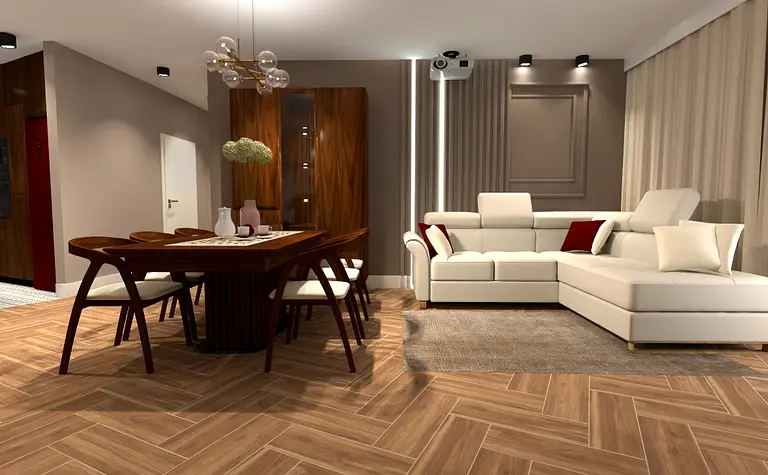 Wnętrze eklektycznej jadalni z drewnianym stołem i białą sofą, stylowy wystrój.