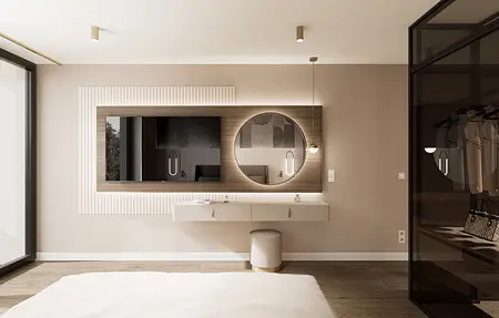 Wnętrze sypialni z minimalistycznym biurkiem i lustrem, nowoczesny design.
