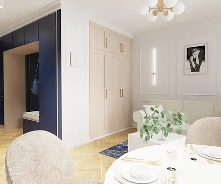 Nowoczesny przedpokój w stylu quiet luxury z tradycyjnymi elementami.