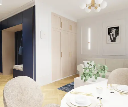 Nowoczesny przedpokój w stylu quiet luxury z tradycyjnymi elementami.