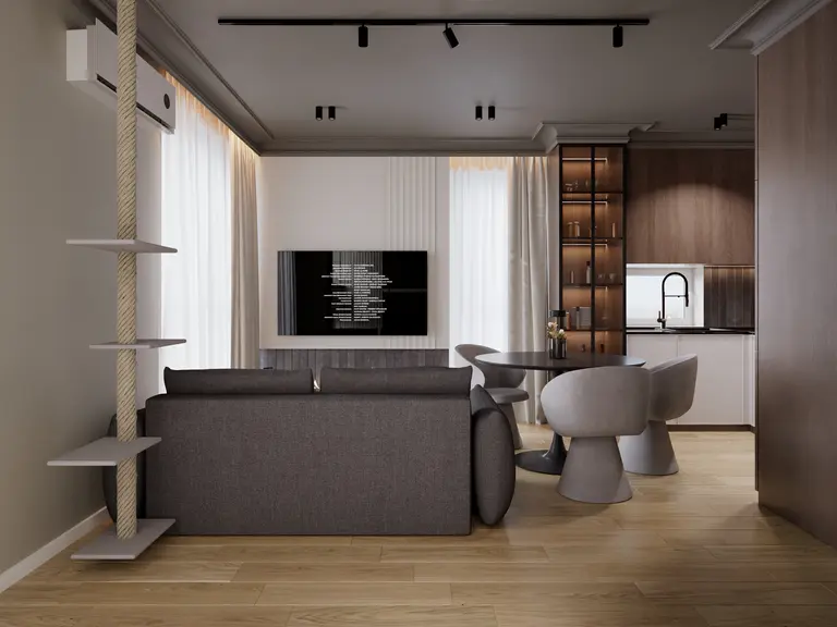 Wnętrze salonu z minimalistycznym designem, tradycyjnymi akcentami i nowoczesnym wykończeniem.
