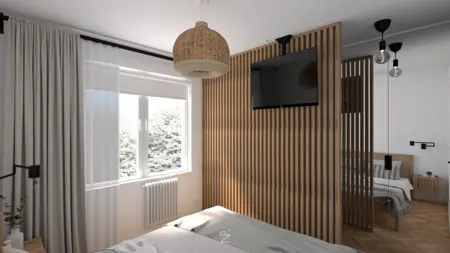 Sypialnia w stylu boho z drewnianymi akcentami, nowoczesnym oświetleniem i skandynawskim wystrojem.