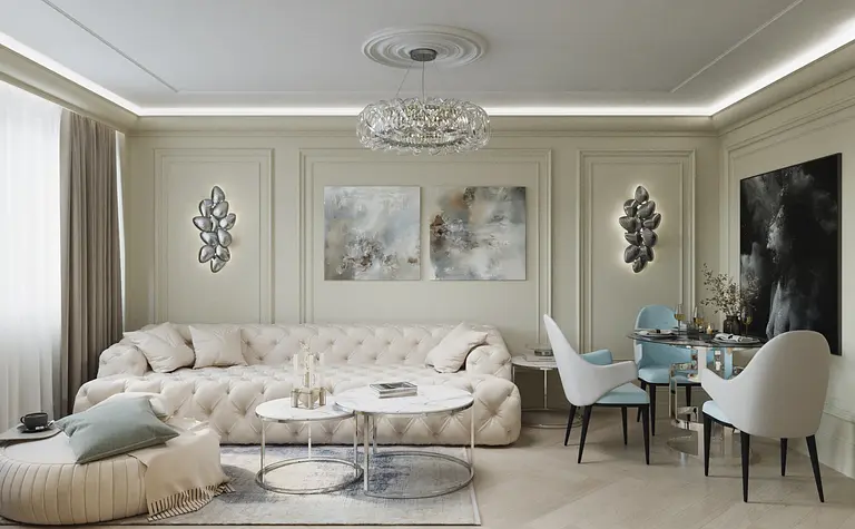 Nowoczesny salon w stylu glamour z jasnymi meblami i dekoracjami.