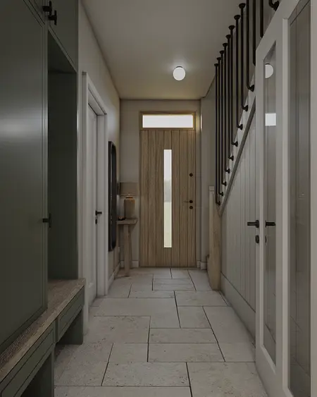 Przedpokój w stylu eklektycznym z klasycznymi meblami i nowoczesnymi akcentami.