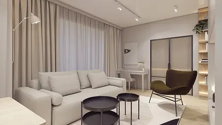 Wnętrze salonu z eklektycznym i nowoczesnym designem, beżowa sofa, czarne stoliki.
