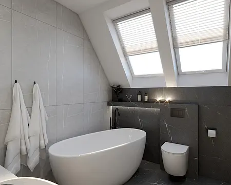 Nowoczesna łazienka z dużą wanną i szarymi płytkami, minimalistyczny design.