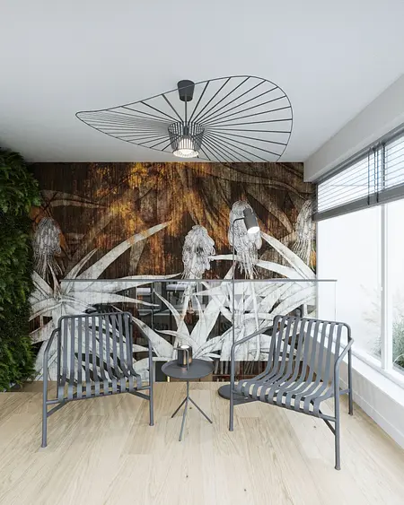 Nowoczesny salon z muralem roślinnym, metalowymi fotelami i drewnianą podłogą.