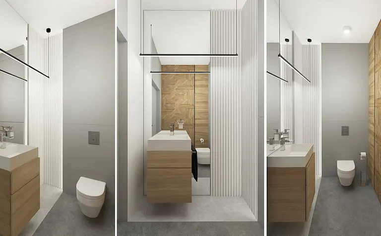 Minimalistyczna łazienka z drewnianymi detalami, nowoczesnym umywalką i szarymi ścianami