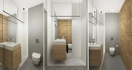 Minimalistyczna łazienka z drewnianymi detalami, nowoczesnym umywalką i szarymi ścianami