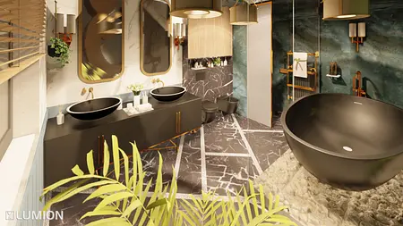 Nowoczesna łazienka w stylu art deco z czarną wanną i złotymi detalami.