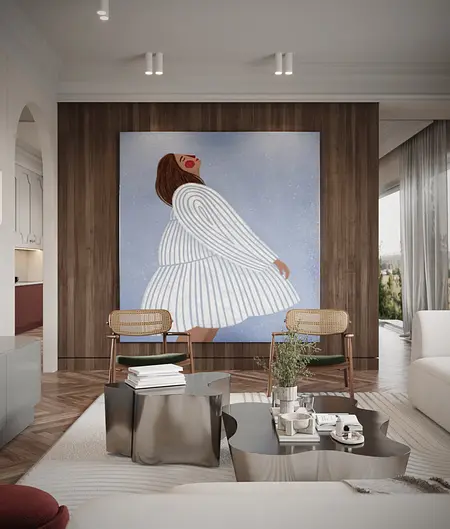 Współczesny salon z obrazem, drewnianymi meblami i eleganckimi detalami.
