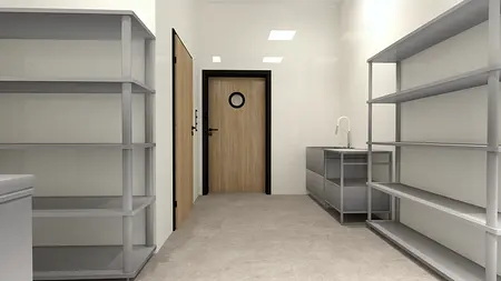 Wnętrze z szarymi półkami, drewnianymi drzwiami, styl boho, nowoczesny i skandynawski.