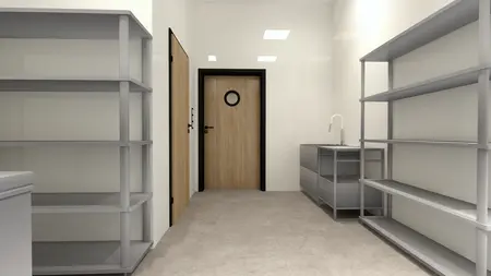 Wnętrze z szarymi półkami, drewnianymi drzwiami, styl boho, nowoczesny i skandynawski.