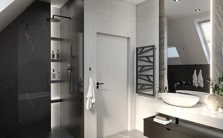 Nowoczesna łazienka z minimalistycznym designem, szarym wykończeniem i białymi detalami.