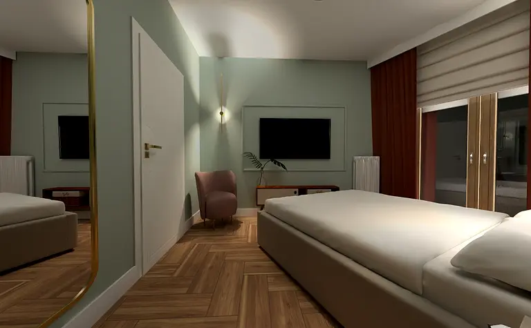 Wnętrze sypialni z łóżkiem, telewizorem i eklektycznymi akcentami.