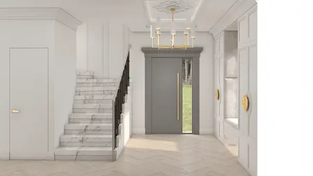 Elegancka klatka schodowa z marmurowymi schodami, minimalistycznym wystrojem, w stylu glamour i tradycyjnym.