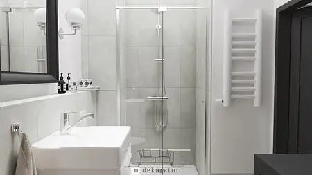 Wnętrze nowoczesnej łazienki z szarymi kafelkami, białą umywalką i kabiną prysznicową.