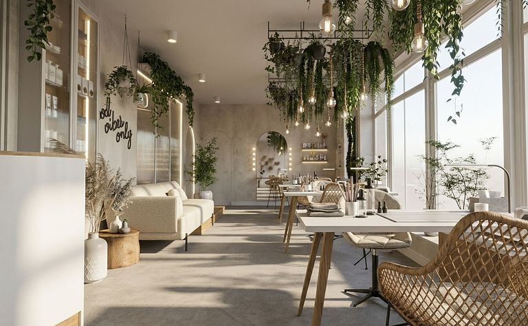 Wnętrze jadalni w stylu boho z roślinami i drewnem.