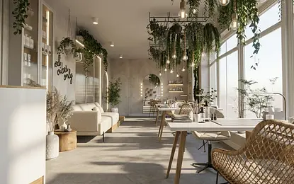 Wnętrze jadalni w stylu boho z roślinami i drewnem.