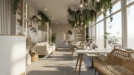 Wnętrze jadalni w stylu boho z roślinami i drewnem.