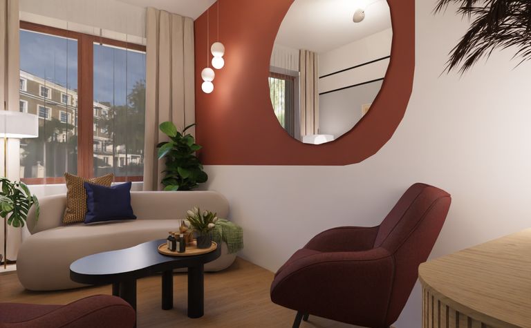 Wnętrze salonu z brązowymi akcentami, roślinami i nowoczesnym oświetleniem w stylu dopamine decor.
