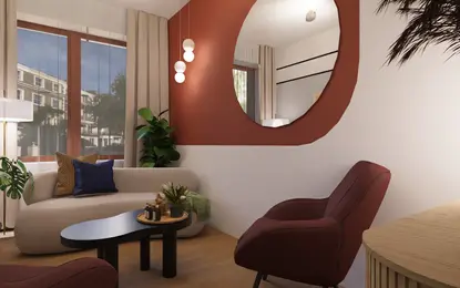 Wnętrze salonu z brązowymi akcentami, roślinami i nowoczesnym oświetleniem w stylu dopamine decor.