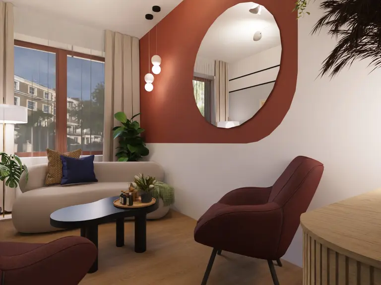 Wnętrze salonu z brązowymi akcentami, roślinami i nowoczesnym oświetleniem w stylu dopamine decor.