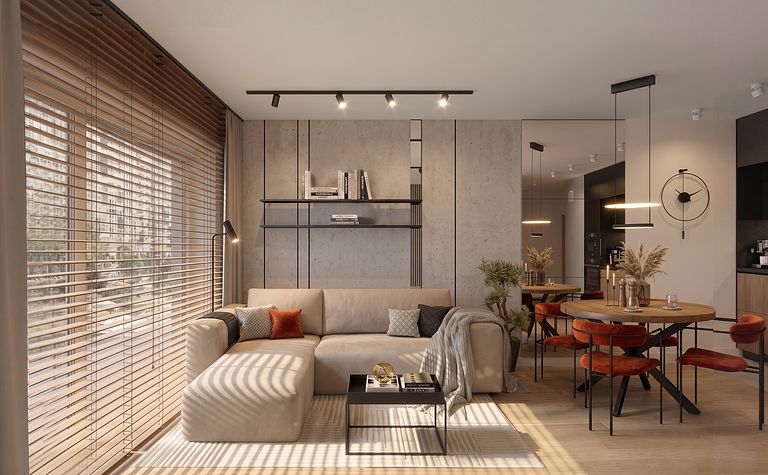 Wnętrze minimalistycznego salonu z beżową sofą i drewnianym stołem.