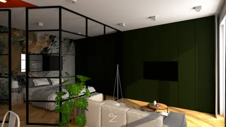 Wnętrze salonu z zieloną ścianą, minimalistycznymi meblami i roślinnością, styl industrialny i rustykalny.