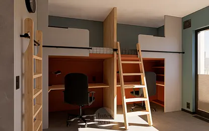 Wnętrze pokoju dziecięcego z łóżkiem piętrowym, biurkiem i minimalistycznym designem.