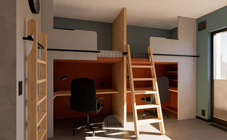 Wnętrze pokoju dziecięcego z łóżkiem piętrowym, biurkiem i minimalistycznym designem.