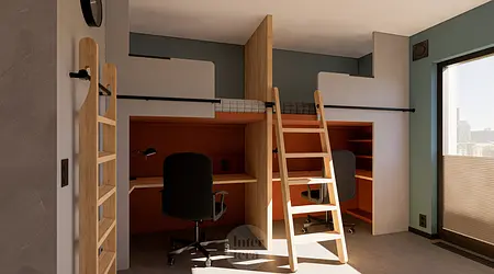 Wnętrze pokoju dziecięcego z łóżkiem piętrowym, biurkiem i minimalistycznym designem.