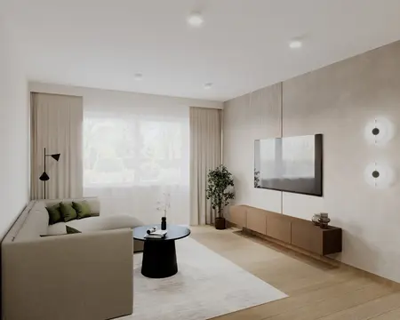 Wnętrze nowoczesnego salonu z minimalistycznym designem, szarym narożnikiem i drewnianymi akcentami.