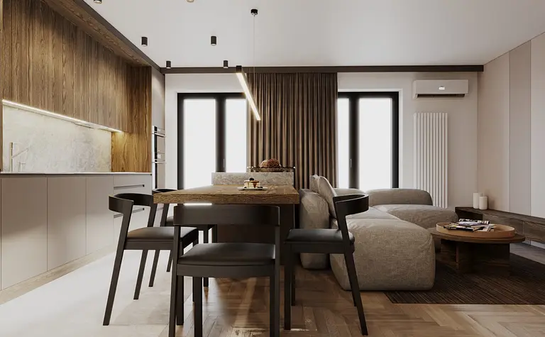 Wnętrze jadalni z minimalistycznym designem, drewniany stół, nowoczesne krzesła.