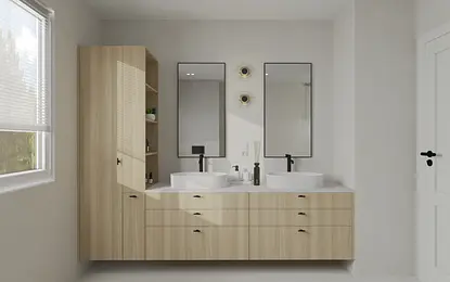 Wnętrze łazienki z drewnianymi meblami, minimalistyczne i nowoczesne akcesoria.