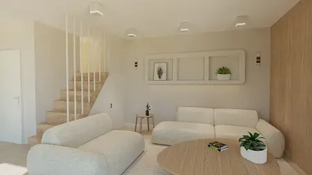 Wnętrze salonu w stylu japandi, minimalistycznym i nowoczesnym z jasnymi meblami.