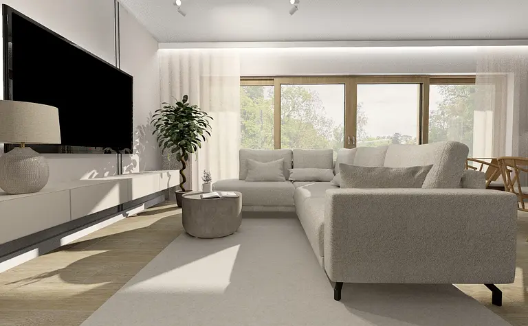 Wnętrze salonu w stylu boho i minimalistycznym z jasnymi meblami i rośliną.
