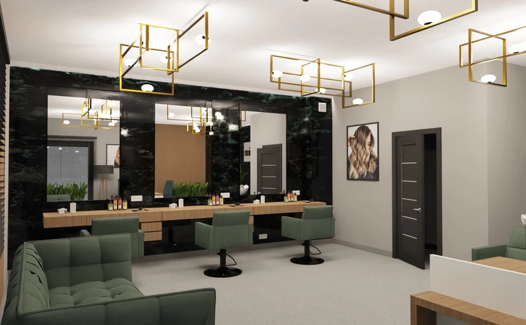 Wnętrze gabinetu w stylu glamour i industrialnym z zielonymi fotelami
