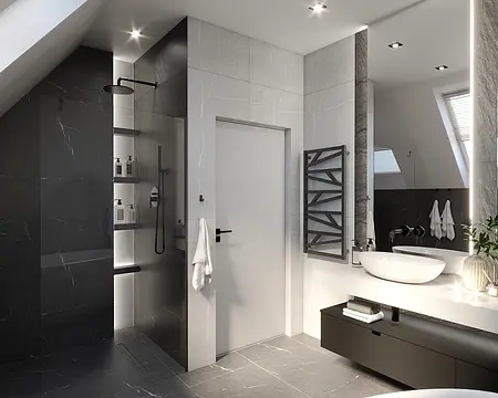 Nowoczesna łazienka z minimalistycznym designem, szarym wykończeniem i białymi detalami.