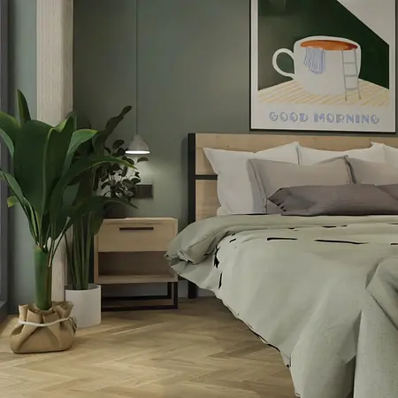 Sypialnia w stylu boho z zielonymi ścianami i drewnianymi meblami