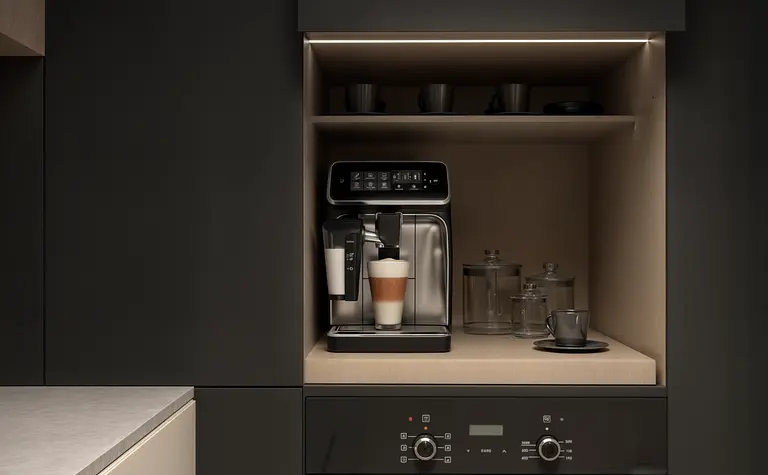 Wnętrze nowoczesnej kuchni japandi z czarnymi meblami i sprzętem.