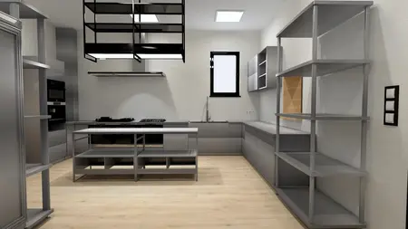 Nowoczesna kuchnia z szarymi meblami i boho dodatkami.