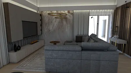 Wnętrze salonu z szarym narożnikiem, drewnianymi detalami i nowoczesnym oświetleniem.